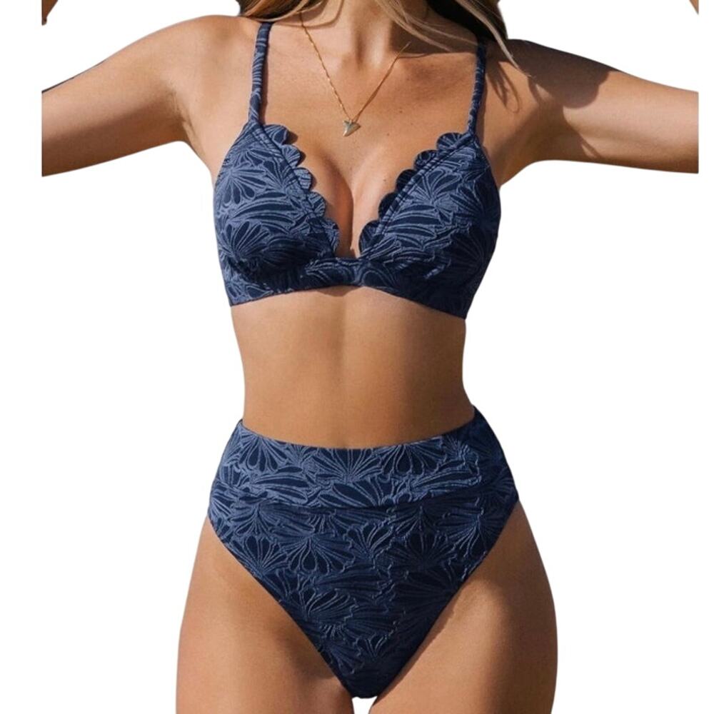 Cupshe Women Blue Floral Bikini Set High Waisted Scallop V Neck Size M